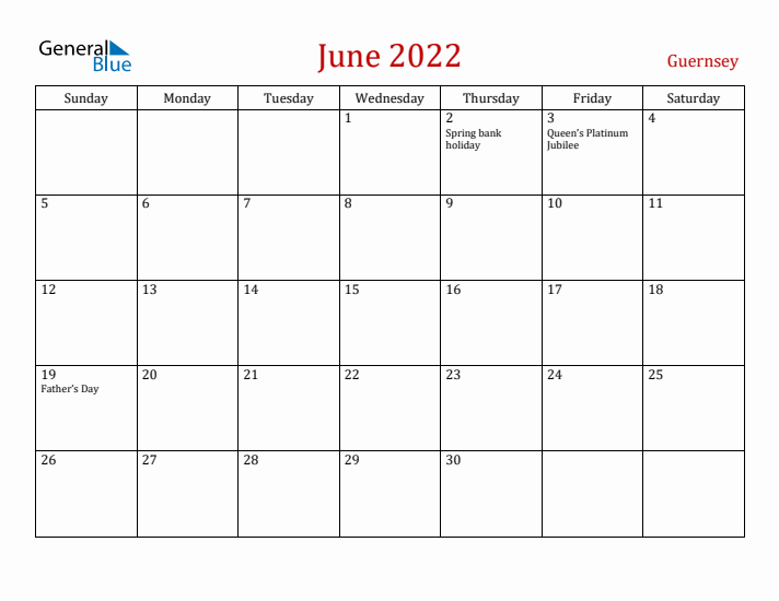Guernsey June 2022 Calendar - Sunday Start