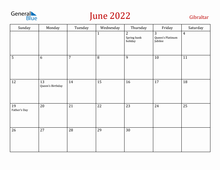 Gibraltar June 2022 Calendar - Sunday Start