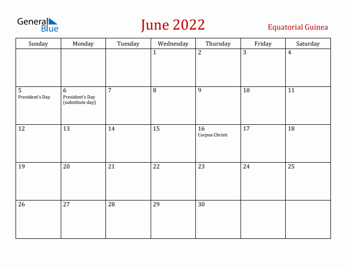 Equatorial Guinea June 2022 Calendar - Sunday Start