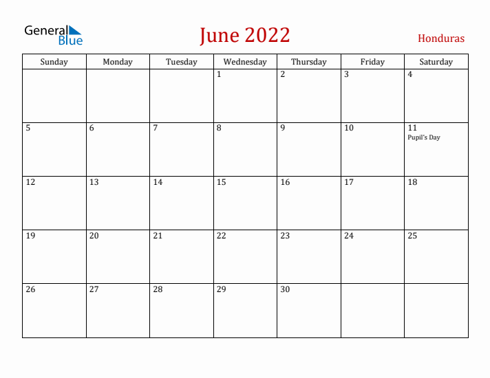 Honduras June 2022 Calendar - Sunday Start