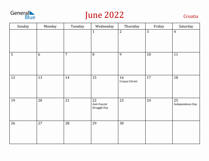 Croatia June 2022 Calendar - Sunday Start