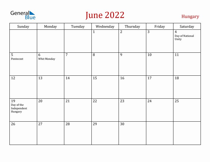 Hungary June 2022 Calendar - Sunday Start