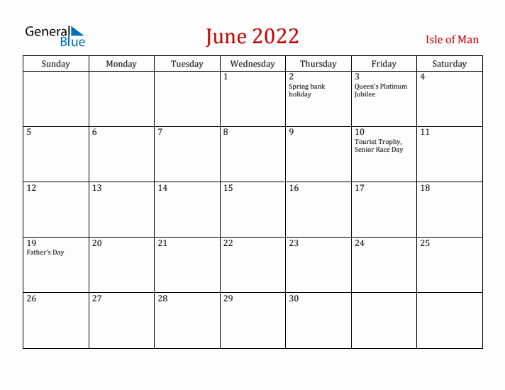Isle of Man June 2022 Calendar - Sunday Start