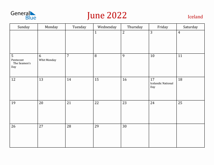 Iceland June 2022 Calendar - Sunday Start