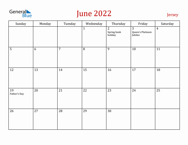 Jersey June 2022 Calendar - Sunday Start