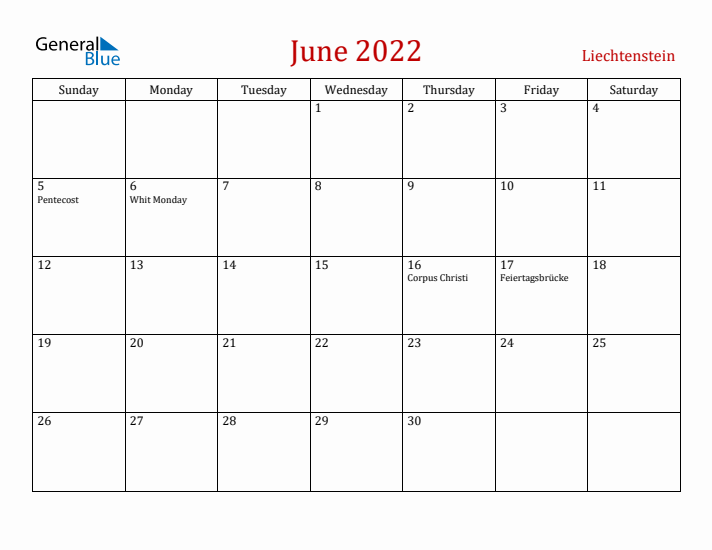 Liechtenstein June 2022 Calendar - Sunday Start
