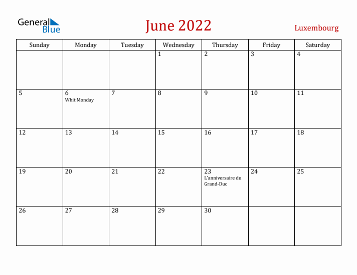 Luxembourg June 2022 Calendar - Sunday Start