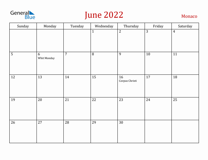 Monaco June 2022 Calendar - Sunday Start