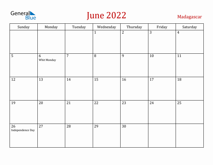 Madagascar June 2022 Calendar - Sunday Start