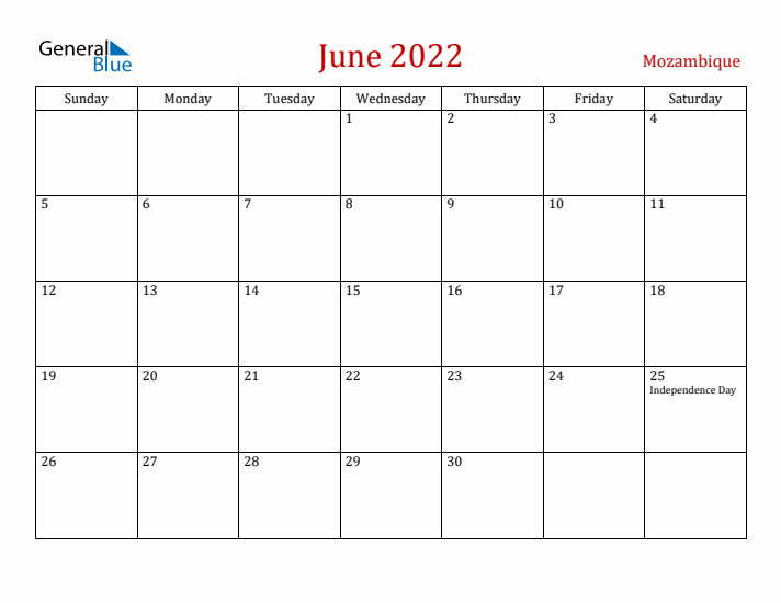 Mozambique June 2022 Calendar - Sunday Start