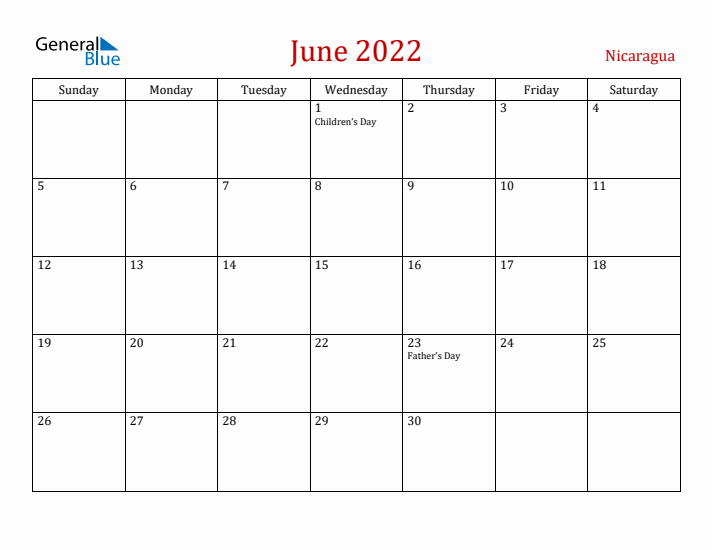 Nicaragua June 2022 Calendar - Sunday Start