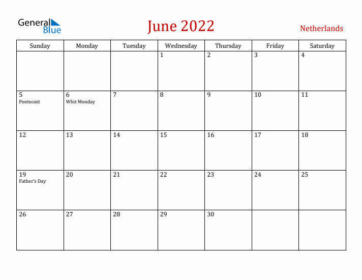 The Netherlands June 2022 Calendar - Sunday Start