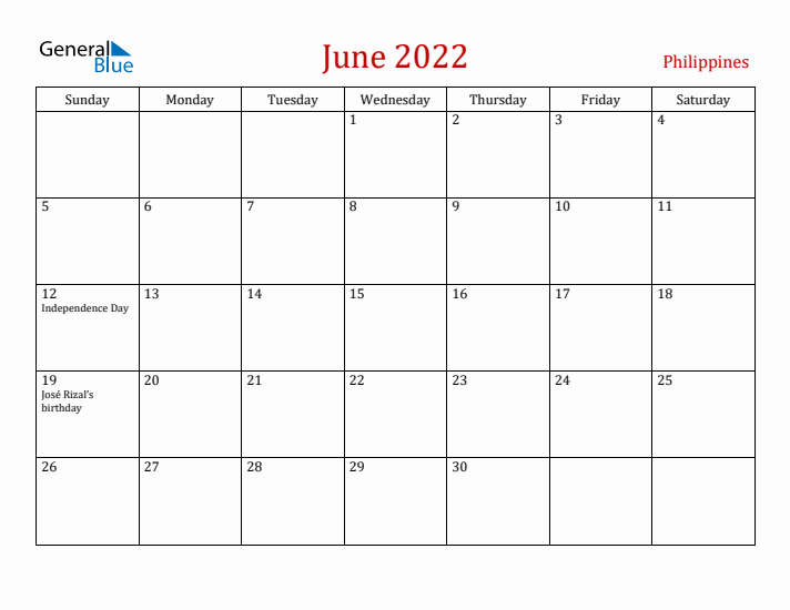 Philippines June 2022 Calendar - Sunday Start