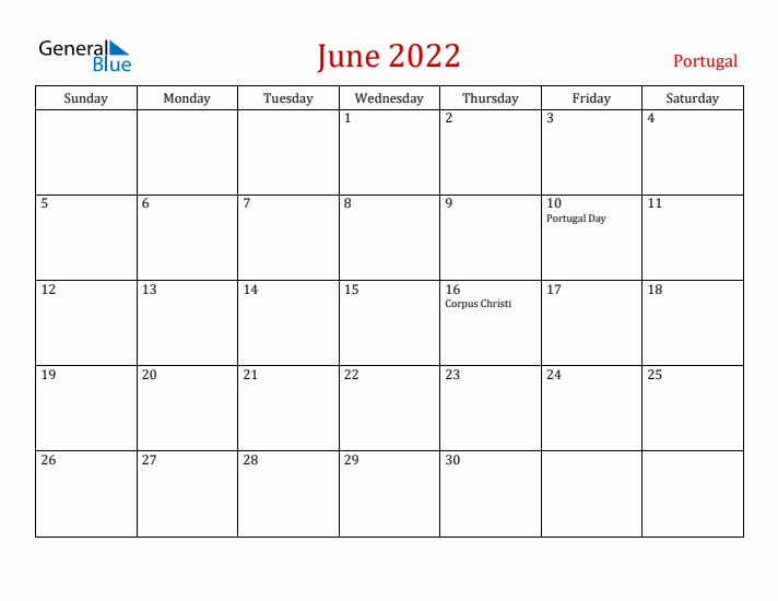 Portugal June 2022 Calendar - Sunday Start