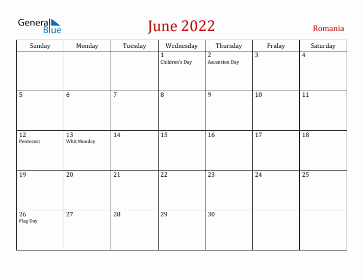 Romania June 2022 Calendar - Sunday Start