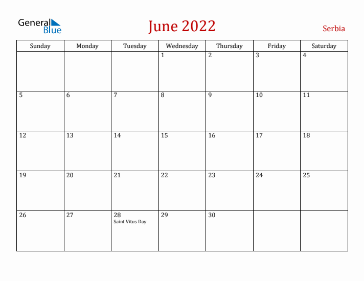 Serbia June 2022 Calendar - Sunday Start