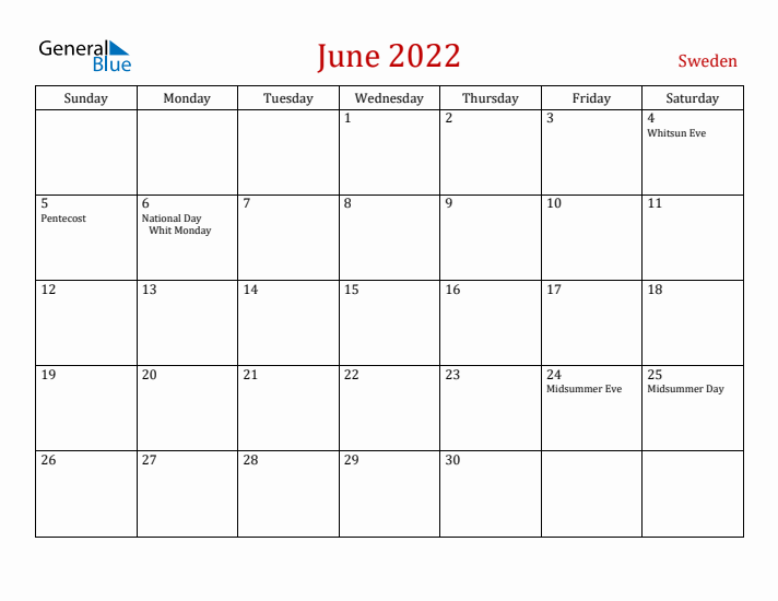 Sweden June 2022 Calendar - Sunday Start