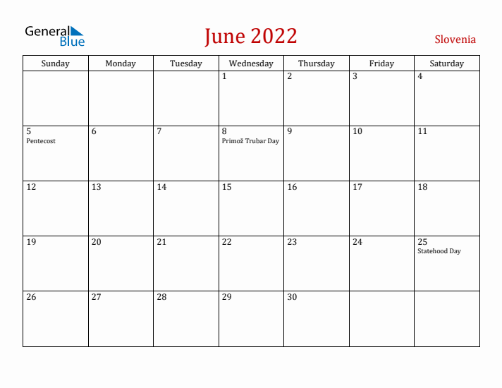 Slovenia June 2022 Calendar - Sunday Start