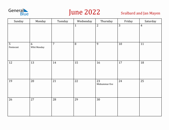 Svalbard and Jan Mayen June 2022 Calendar - Sunday Start