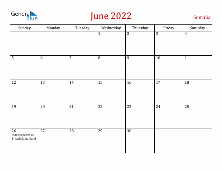 Somalia June 2022 Calendar - Sunday Start