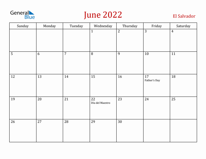 El Salvador June 2022 Calendar - Sunday Start