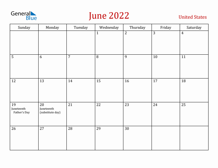 United States June 2022 Calendar - Sunday Start