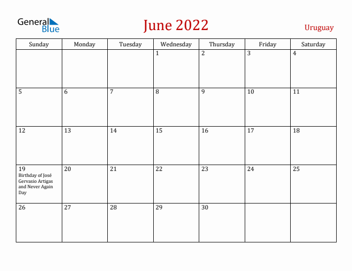 Uruguay June 2022 Calendar - Sunday Start