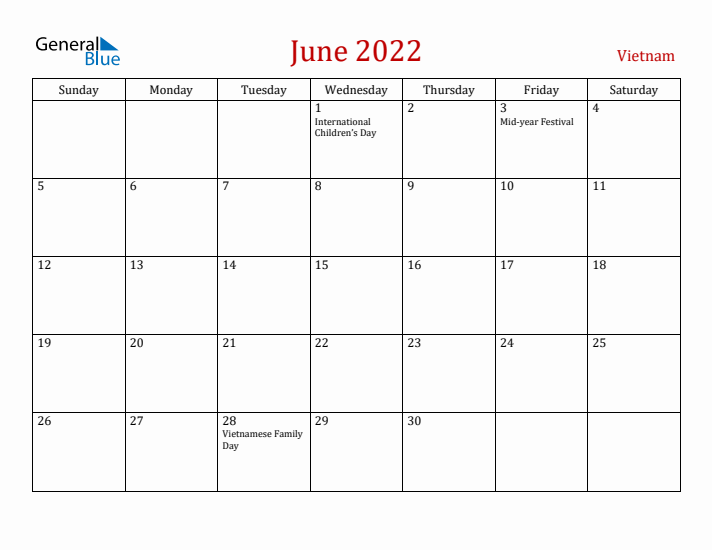 Vietnam June 2022 Calendar - Sunday Start