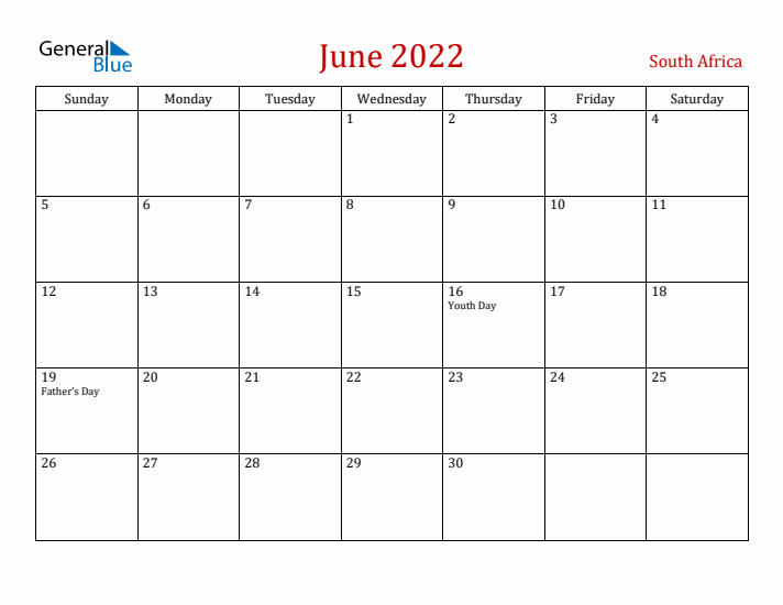 South Africa June 2022 Calendar - Sunday Start