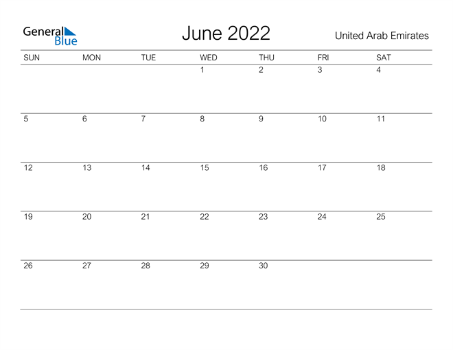 Printable June 2022 Calendar for United Arab Emirates