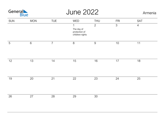 Printable June 2022 Calendar for Armenia