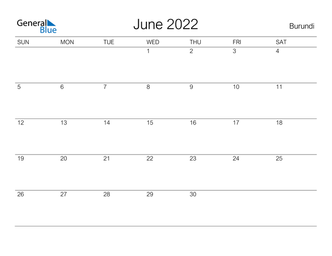 Printable June 2022 Calendar for Burundi