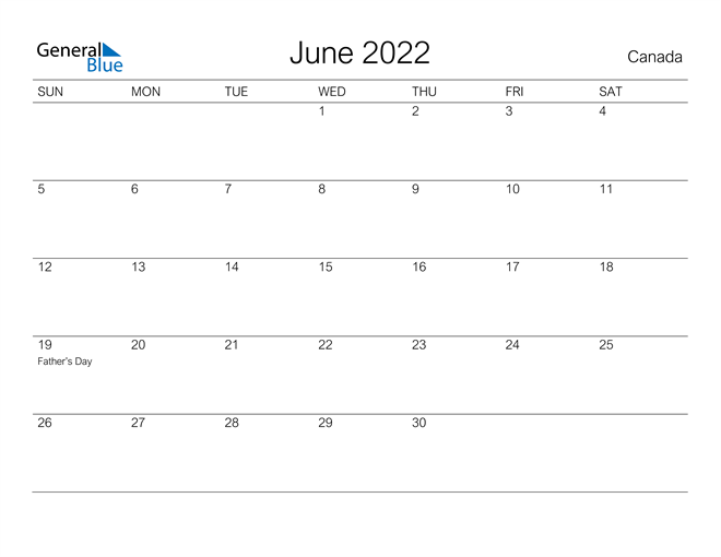 Canada June 2022 Calendar with Holidays