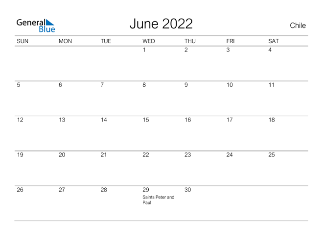 Printable June 2022 Calendar for Chile