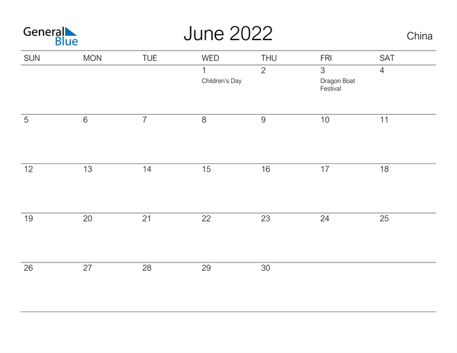 June 2022 Calendar with China Holidays