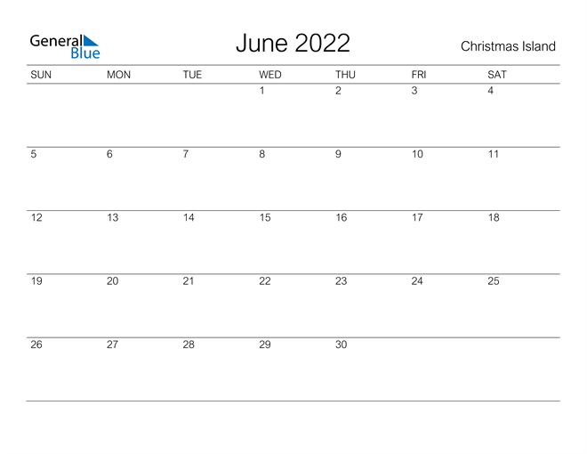Printable June 2022 Calendar for Christmas Island