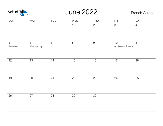 Printable June 2022 Calendar for French Guiana