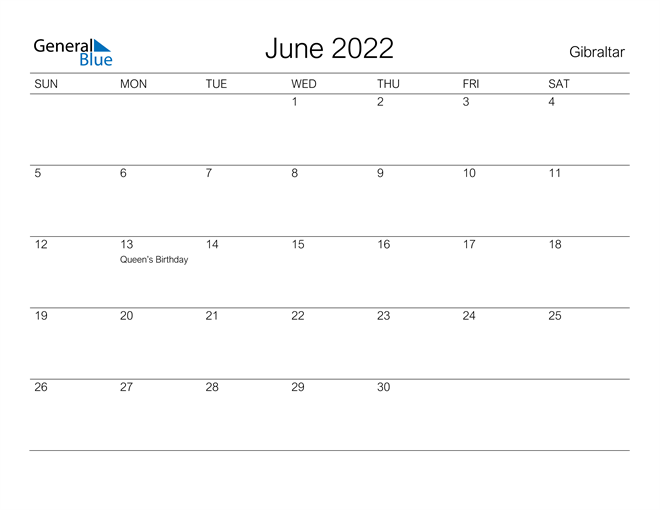 Printable June 2022 Calendar for Gibraltar