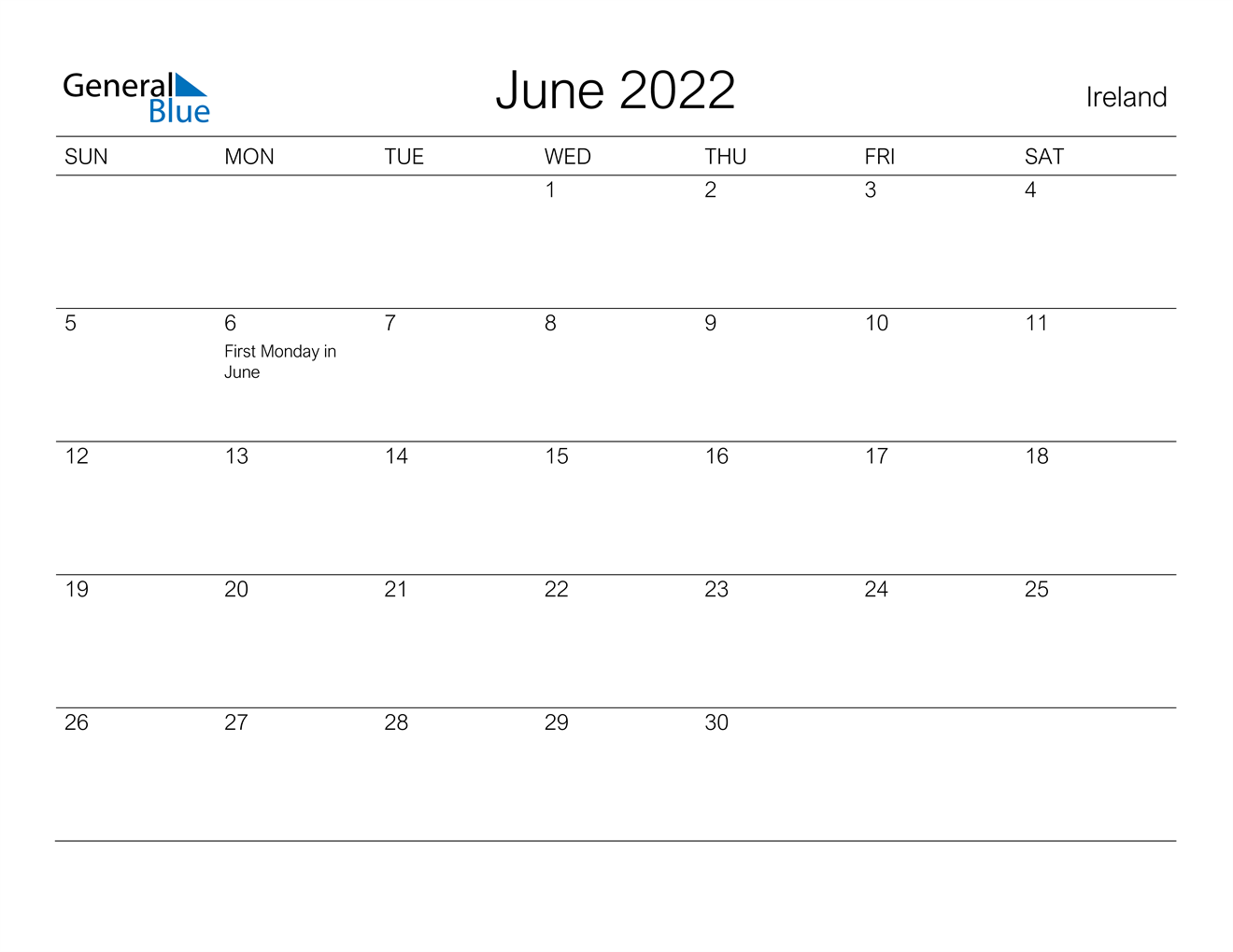 june 2022 calendar ireland