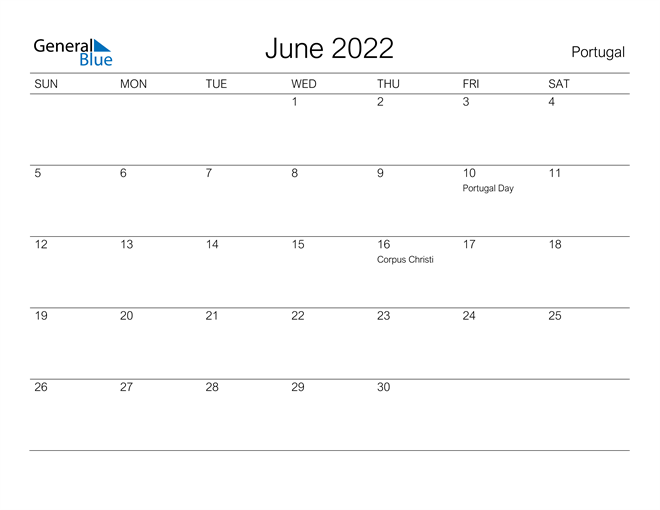 Printable June 2022 Calendar for Portugal