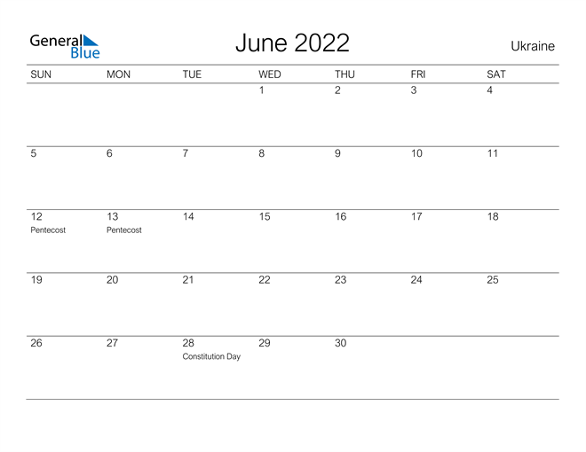 Printable June 2022 Calendar for Ukraine