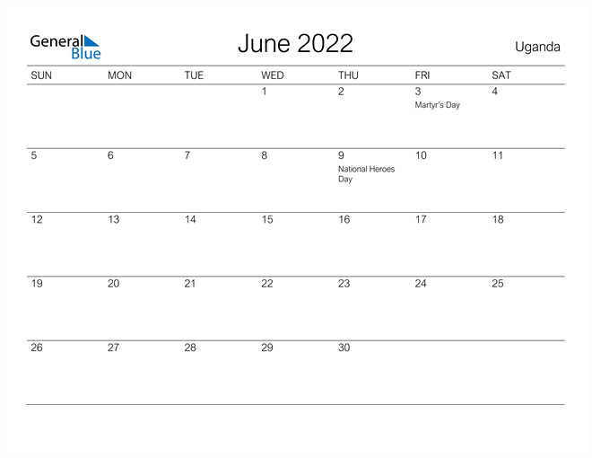 Printable June 2022 Calendar for Uganda