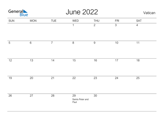 Printable June 2022 Calendar for Vatican