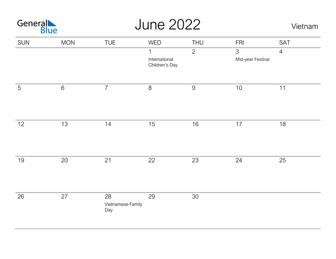 Printable June 2022 Calendar for Vietnam