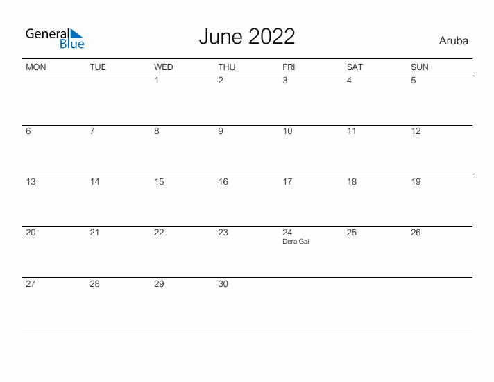Printable June 2022 Calendar for Aruba