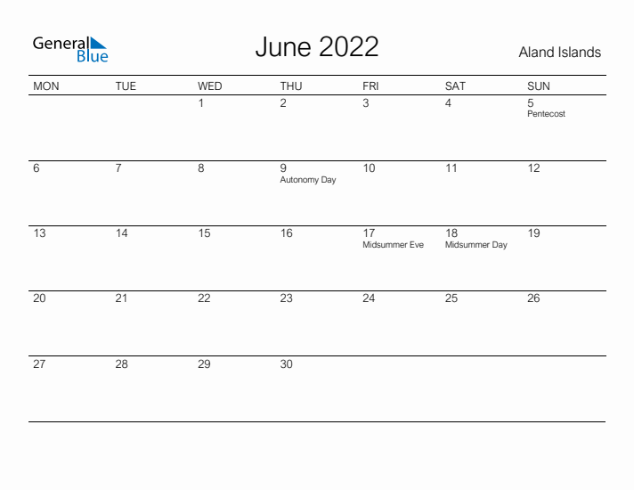 Printable June 2022 Calendar for Aland Islands