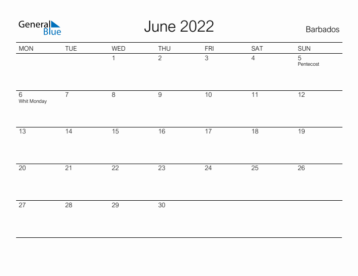 Printable June 2022 Calendar for Barbados