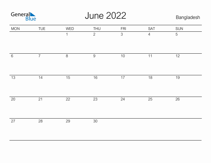 Printable June 2022 Calendar for Bangladesh