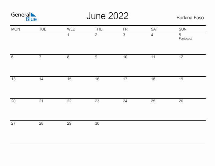 Printable June 2022 Calendar for Burkina Faso