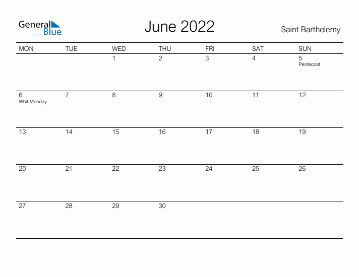 Printable June 2022 Calendar for Saint Barthelemy